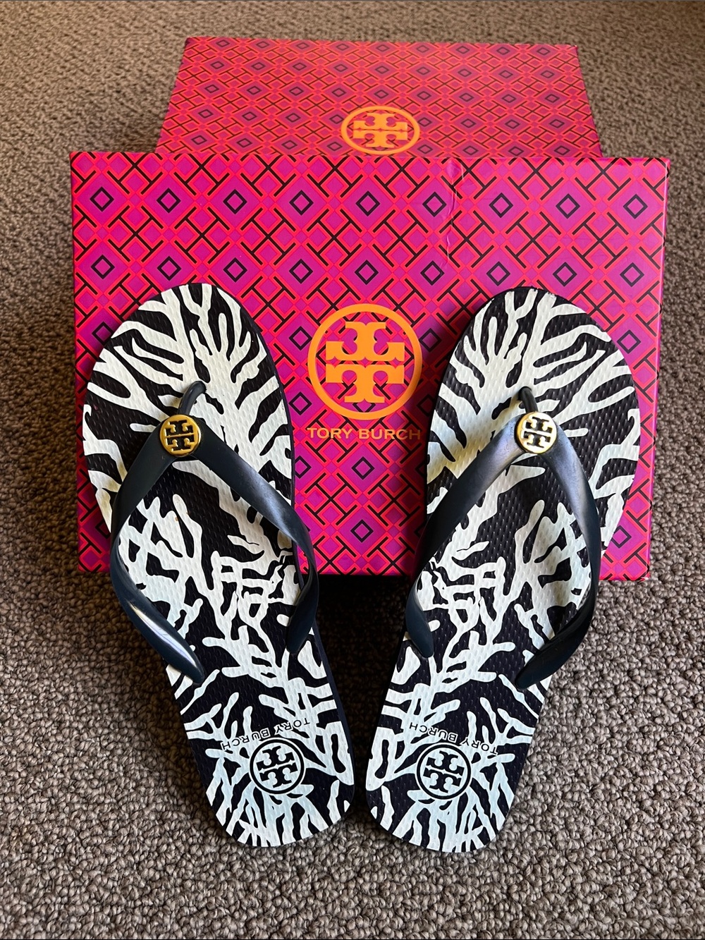Tory Burch Navy Blue Flip Flop Sandals with Gold Logo